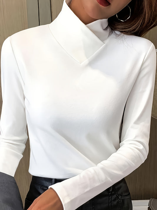 Solid Mock Neck T-Shirt, Casual Long Sleeve Top For Fall & Winter, Women's Clothing