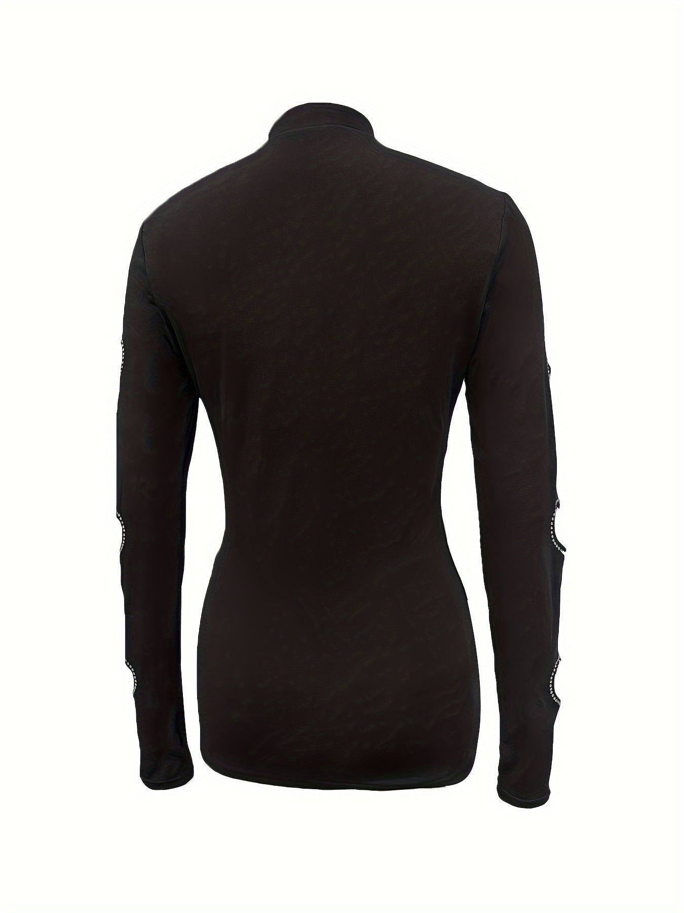 Cutout Rhinestone Mock Neck T-Shirt, Casual Long Sleeve Top