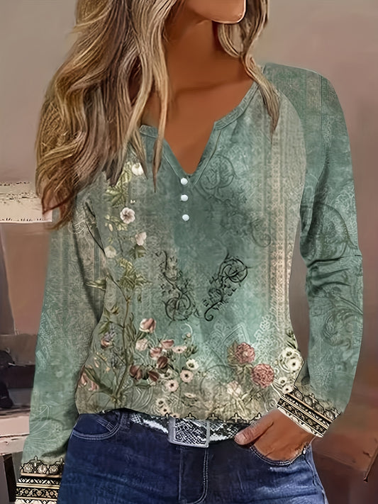 Floral Print Notch Neck T-Shirt, Casual Long Sleeve Top For Spring & Fall, Women's Clothing