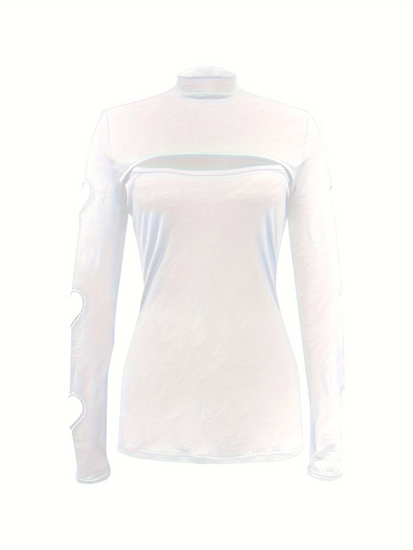 Cutout Rhinestone Mock Neck T-Shirt, Casual Long Sleeve Top